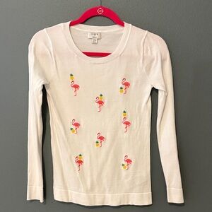 J. Crew White Sweater with Pink Flamingo and Yellow Pineapple Embroidery